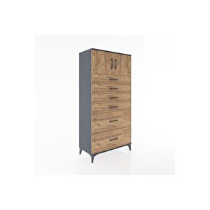 Hyperion Dolap Tek Raflı 6 Çekmeceli 2 Kapaklı 88x44x182 Antrasit-çam