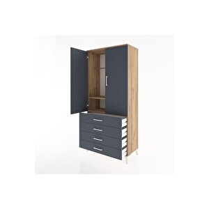 Hyperion Dolap 2 Raflı 4 Çekmeceli Tek Askılı 88x44x195 Çam-antrasit