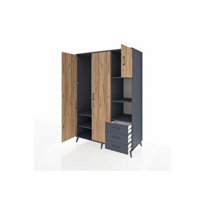 Kronos Dolap 5 Raflı 3 Çekmeceli Tek Askılı 132x59x195 Antrasit-çam/antrasit