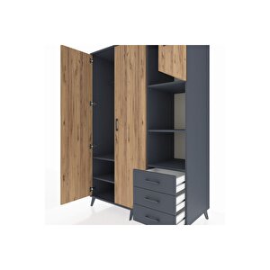 Kronos Dolap 5 Raflı 3 Çekmeceli Tek Askılı 132x59x195 Antrasit-çam/antrasit