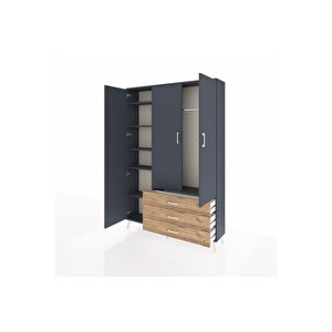 Arges Dolap 6 Raflı 3 Çekmeceli Tek Askılı 132x30x195 Antrasit-antrasit/çam