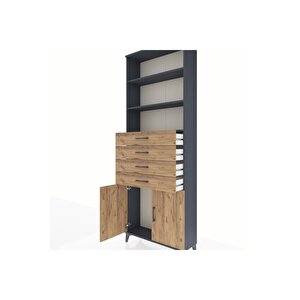 Arges Dolap 3 Raflı 4 Çekmeceli 2 Kapaklı 88x30x243 Antrasit-çam