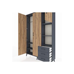 Arges Dolap 5 Raflı 3 Çekmeceli Tek Askılı 132x30x195 Antrasit-çam/antrasit