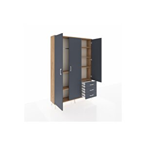 Arges Gardrop 6 Raflı 3 Çekmeceli Tek Askılı 132x30x195 Çam-antrasit