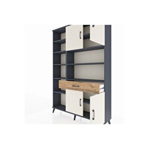 Arges Dolap 10 Raflı Tek Çekmeceli 4 Kapaklı 132x30x195 Antrasit-aytaşı/çam