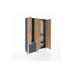 Arges Dolap 6 Raflı 3 Çekmeceli Tek Askılı 132x30x195 Antrasit-çam/antrasit