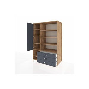 Kronos Dolap 9 Raflı 3 Çekmeceli Tek Kapaklı  132x59x195 Çam-antrasit/antrasit