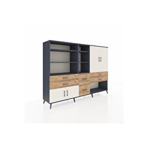 Hyperion Dolap 10 Raflı 6 Çekmeceli 4 Kapaklı 220x44x163 Antrasit-aytaşı/çam