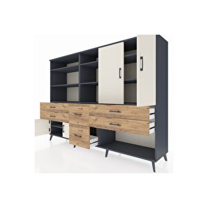 Hyperion Dolap 10 Raflı 6 Çekmeceli 4 Kapaklı 220x44x163 Antrasit-aytaşı/çam