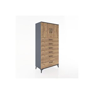 Hyperion Dolap Tek Raflı 6 Çekmeceli 2 Kapaklı 88x44x182 Antrasit-çam