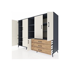 Kronos Dolap 11 Raflı 3 Çekmeceli 7 Kapaklı 220x59x163 Antrasit-aytaşı/çam