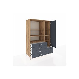 Kronos Dolap 7 Raflı 6 Çekmeceli Tek Kapaklı  132x59x195 Çam-antrasit/antrasit