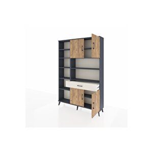 Arges Dolap 10 Raflı Tek Çekmeceli 4 Kapaklı 132x30x195 Antrasit-çam/aytaşı