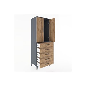 Hyperion Dolap Tek Raflı 5 Çekmeceli Tek Askılı 60x44x182 Antrasit-çam