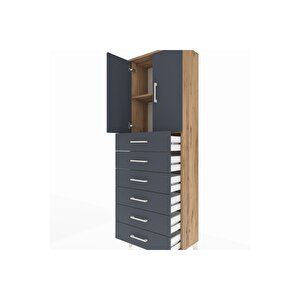 Arges Dolap 2 Raflı 6 Çekmeceli 2 Kapaklı 60x30x182 Çam-antrasit