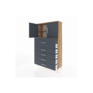 Arges Dolap 2 Raflı 5 Çekmeceli 2 Kapaklı 88x30x163 Çam-antrasit