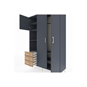 Hyperion Dolap 6 Raflı 3 Çekmeceli Tek Askılı 132x44x195 Antrasit-antrasit/çam