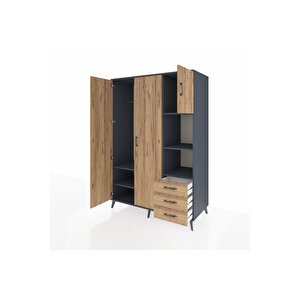 Kronos Dolap 5 Raflı 3 Çekmeceli Tek Askılı 132x59x195 Antrasit-çam/çam