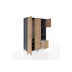 Kronos Dolap 5 Raflı 3 Çekmeceli Tek Askılı 132x59x195 Antrasit-çam/çam