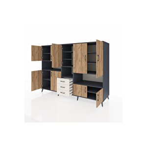 Kronos Dolap 13 Raflı 3 Çekmeceli 9 Kapaklı 220x59x163 Antrasit-çam/aytaşı