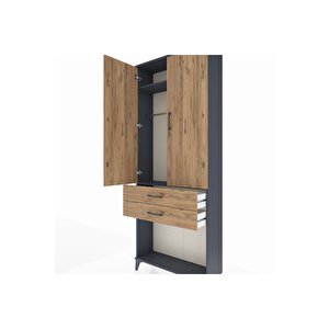 Arges Dolap 2 Raflı 2 Çekmeceli Tek Askılı 88x30x221 Antrasit-çam