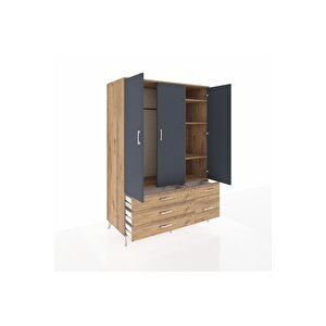 Kronos Dolap 5 Raflı 5 Çekmeceli Tek Askılı 132x59x195 Çam-antrasit/çam