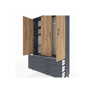 Arges Dolap 5 Raflı 6 Çekmeceli Tek Askılı 132x30x195 Antrasit-çam/antrasit