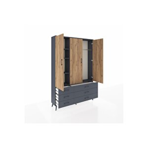 Arges Dolap 5 Raflı 6 Çekmeceli Tek Askılı 132x30x195 Antrasit-çam/antrasit