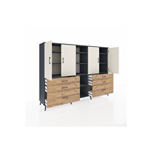 Hyperion Dolap 10 Raflı 6 Çekmeceli 4 Kapaklı 220x44x163 Antrasit-aytaşı/çam