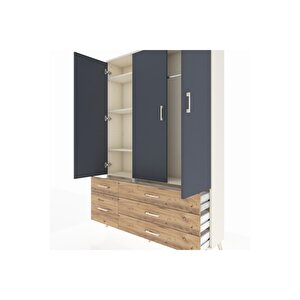 Arges Dolap 5 Raflı 5 Çekmeceli Tek Askılı 132x30x195 Aytaşı-antrasit/çam