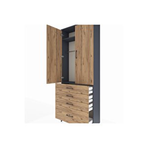 Arges Dolap 2 Raflı 4 Çekmeceli Tek Askılı 88x30x221 Antrasit-çam
