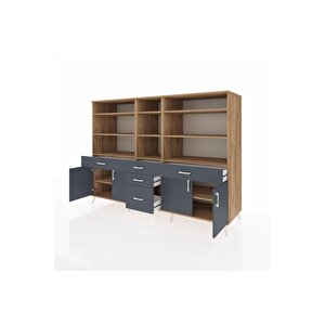 Kronos Dolap 11 Raflı 5 Çekmeceli 4 Kapaklı 220x59x163 Çam-antrasit