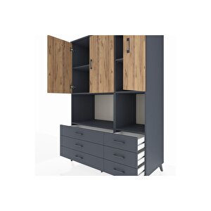 Kronos Dolap 6 Raflı 6 Çekmeceli 3 Kapaklı 132x59x195 Antrasit-çam/antrasit