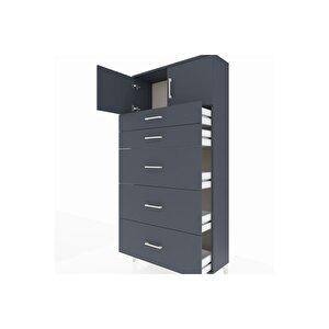 Arges Dolap Tek Raflı 5 Çekmeceli 2 Kapaklı 88x30x182 Antrasit-antrasit
