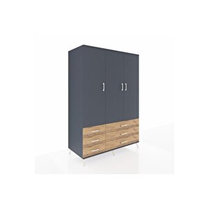 Kronos Dolap 5 Raflı 6 Çekmeceli Tek Askılı 132x59x195 Antrasit-antrasit/çam