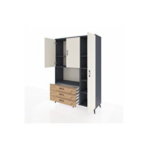 Hyperion Dolap 7 Raflı 3 Çekmeceli 3 Kapaklı 132x44x195 Antrasit-aytaşı/çam