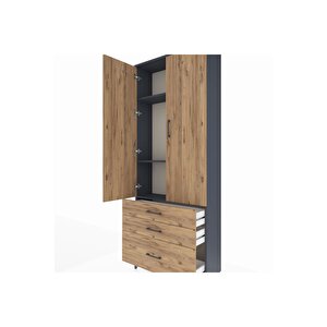 Arges Dolap 3 Raflı 3 Çekmeceli 2 Kapaklı 88x30x221 Antrasit-çam
