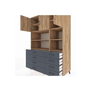 Kronos Dolap 8 Raflı 8 Çekmeceli 3 Kapaklı 132x59x195 Çam-çam/antrasit