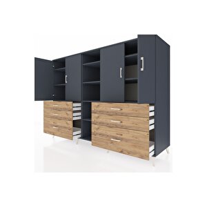 Kronos Dolap 10 Raflı 6 Çekmeceli 4 Kapaklı 220x59x163 Antrasit-antrasit/çam