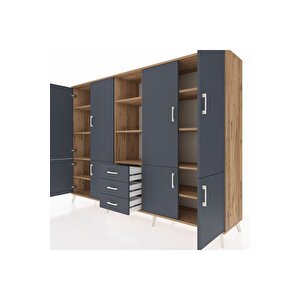 Hyperion Dolap 11 Raflı 3 Çekmeceli 8 Kapaklı 220x44x163 Çam-antrasit