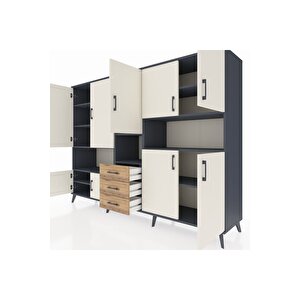 Hyperion Dolap 13 Raflı 3 Çekmeceli 9 Kapaklı 220x44x163 Antrasit-aytaşı/çam