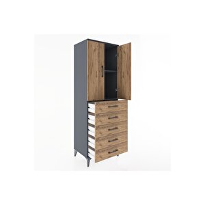 Hyperion Dolap 2 Raflı 5 Çekmeceli 2 Kapaklı 60x44x182 Antrasit-çam
