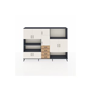 Arges Dolap 10 Raflı 4 Çekmeceli 8 Kapaklı 220x30x163 Antrasit-aytaşı/çam