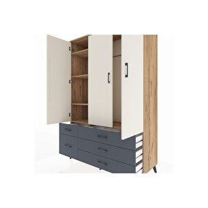 Hyperion Dolap 5 Raflı 5 Çekmeceli Tek Askılı 132x44x195 Çam-aytaşı/antrasit