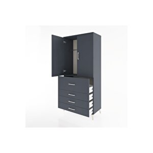 Hyperion Dolap Tek Raflı 4 Çekmeceli Tek Askılı 88x44x195 Antrasit-antrasit