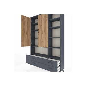 Arges Dolap 10 Raflı 4 Çekmeceli 2 Kapaklı 132x30x195 Antrasit-çam/antrasit