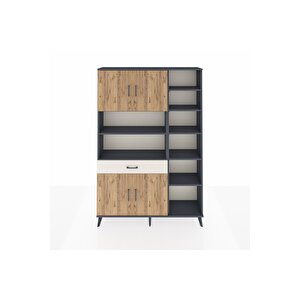 Arges Dolap 10 Raflı Tek Çekmeceli 4 Kapaklı 132x30x195 Antrasit-çam/aytaşı