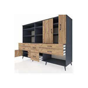 Kronos Dolap 10 Raflı 6 Çekmeceli 4 Kapaklı 220x59x163 Antrasit-çam