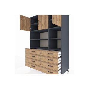 Kronos Dolap 8 Raflı 8 Çekmeceli 3 Kapaklı 132x59x195 Antrasit-çam/çam