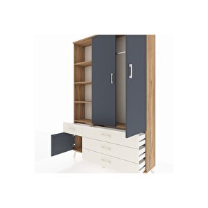 Arges Dolap 5 Raflı 4 Çekmeceli Tek Askılı 132x30x195 Çam-antrasit/aytaşı
